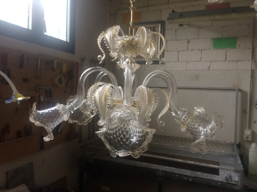 Lampadario murano modello errai in vetro soffiato cristallo e foglia 