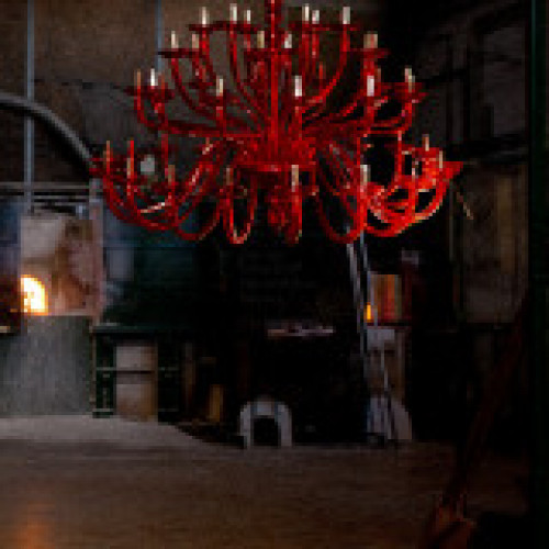 Lampadario murano in vetro soffiato rosso veneziano modello medusa, p