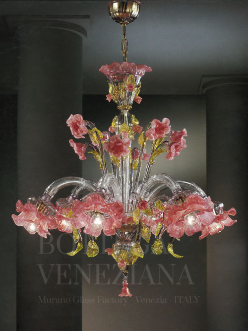 Lampadario floreale vetro di murano cristallo rosa oro modello gisele