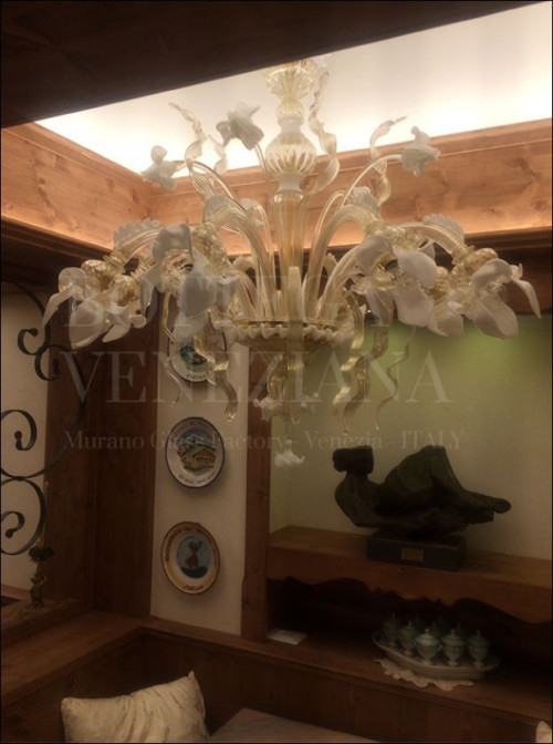 Lampadario murano modello accademia cristallo foglia argento bianco