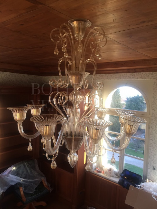 Lampadario murano modello andreasoro in cristallo e foglia oro 24kt. 