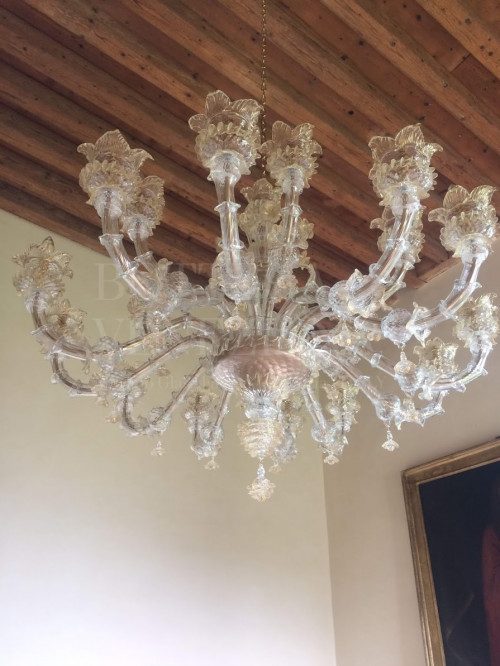 Lampadario ca rezzonico in vetro soffiato di murano cristallo e fogli