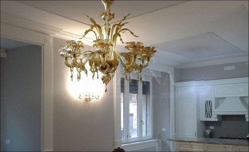 Lampadario murano in vetro soffiato ambra e oro 24kt. realizzato a ve