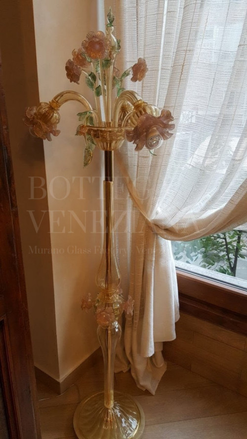 Lampadario floreale vetro di murano cristallo rosa oro modello gisele