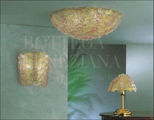 Plafoniera modello fiori in vetro di murano colore verde e foglia oro