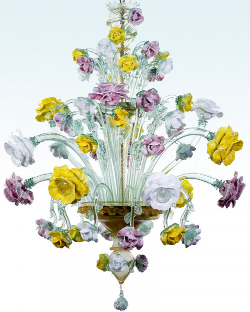 Lampadario murano bouquet vetro soffiato e fiori in pasta di vetro mu