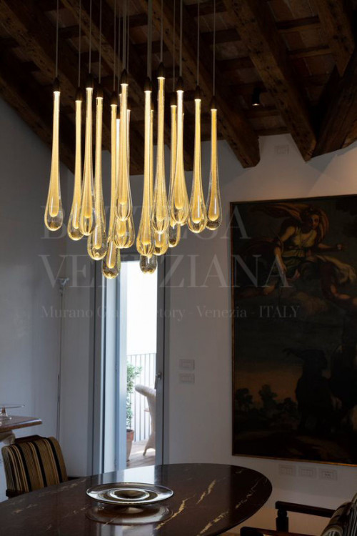 Sospensione a led in vetro soffiato di murano cristallo e oro 24kt, l