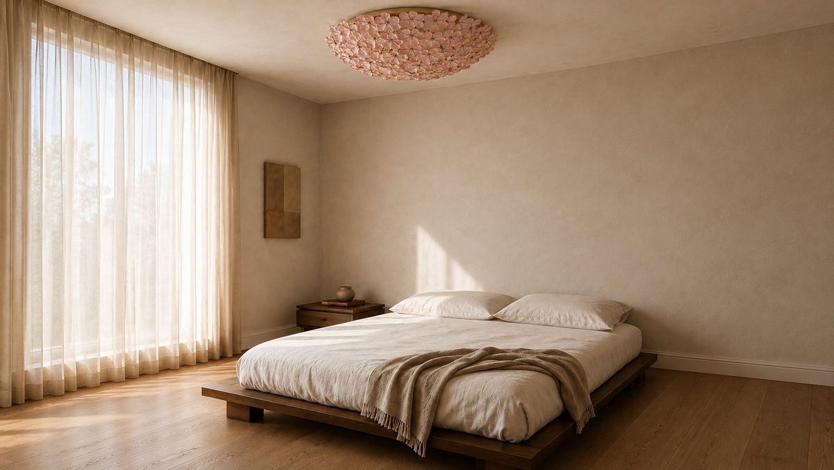 Plafoniera a fiori in vetro di Murano rosa in una camera da letto