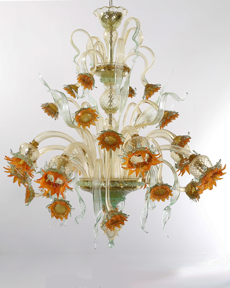 Bottega Veneziana | Lampadario floreale modello GIRASOLI in vetro soffiato lavorato compl