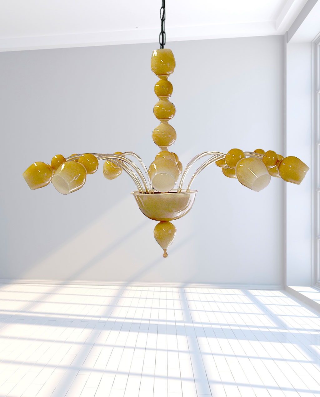 Bottega Veneziana | Lampadario Murano moderno modello TRON in vetro soffiato bianco e amb
