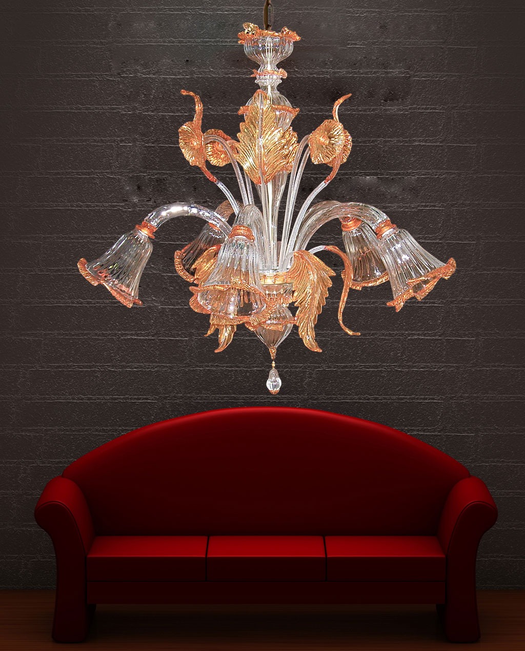 Bottega Veneziana | Lampadario modello POPE in vetro soffiato Murano colore cristallo ros